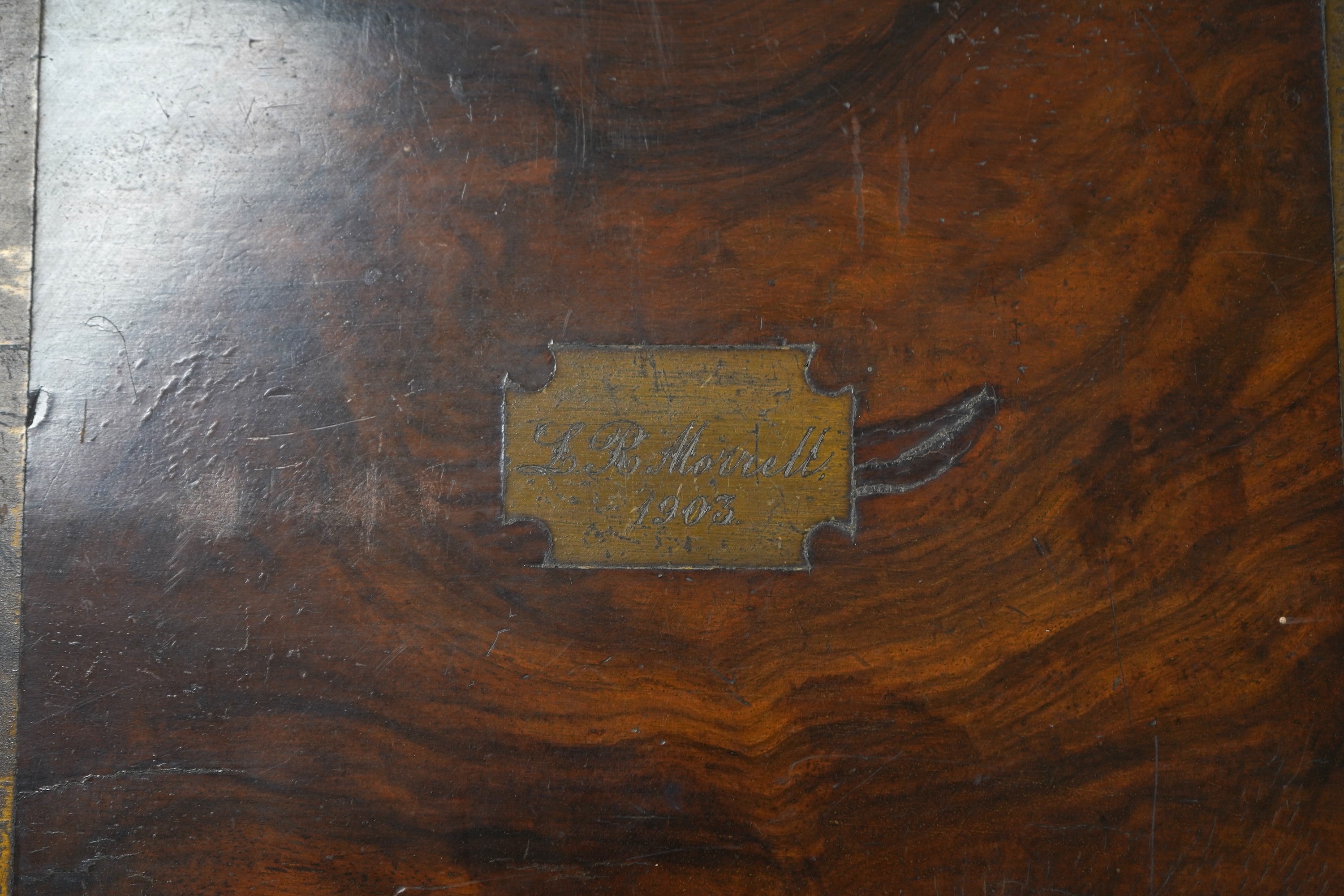 A brass bound walnut writing box with tooled leather slope, 35cm wide